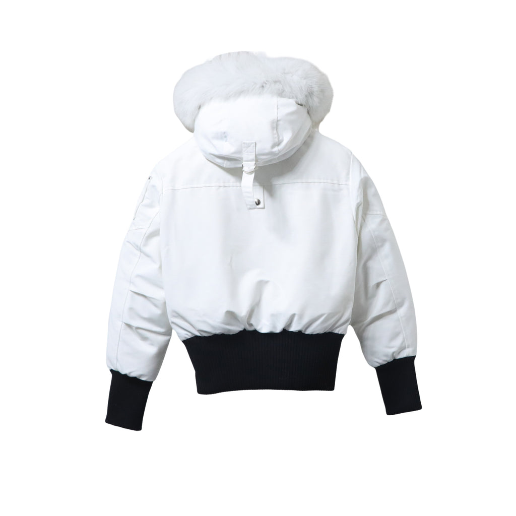 Moose Knuckles White Bomber Jacket Fox Fur Hood Black Ribbed Trim
