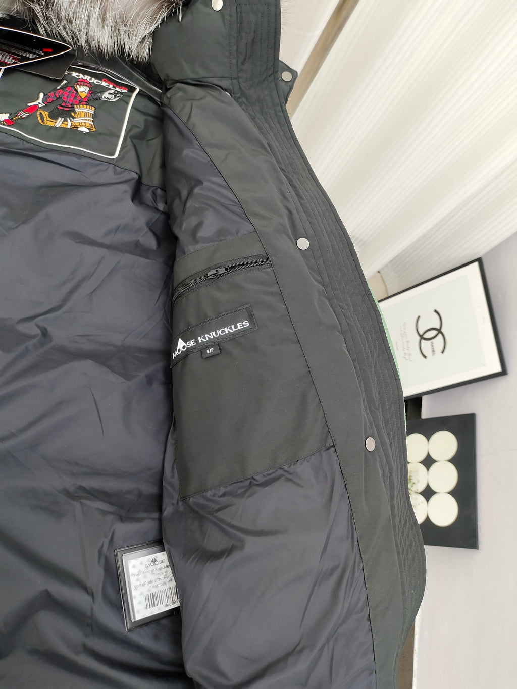 Moose Knuckles Black Long Parka Silver Fox Fur Hood Snap Button