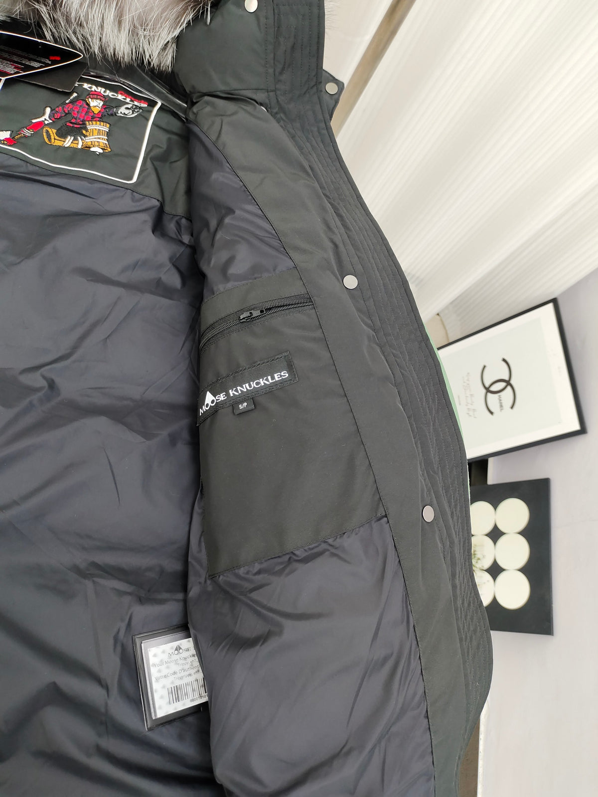 Moose Knuckles Black Long Parka Silver Fox Fur Hood Snap Button