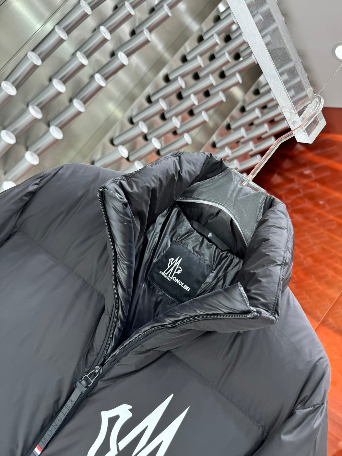 Moncler Grenoble Black Down Jacket Chest Logo Sleeve Print