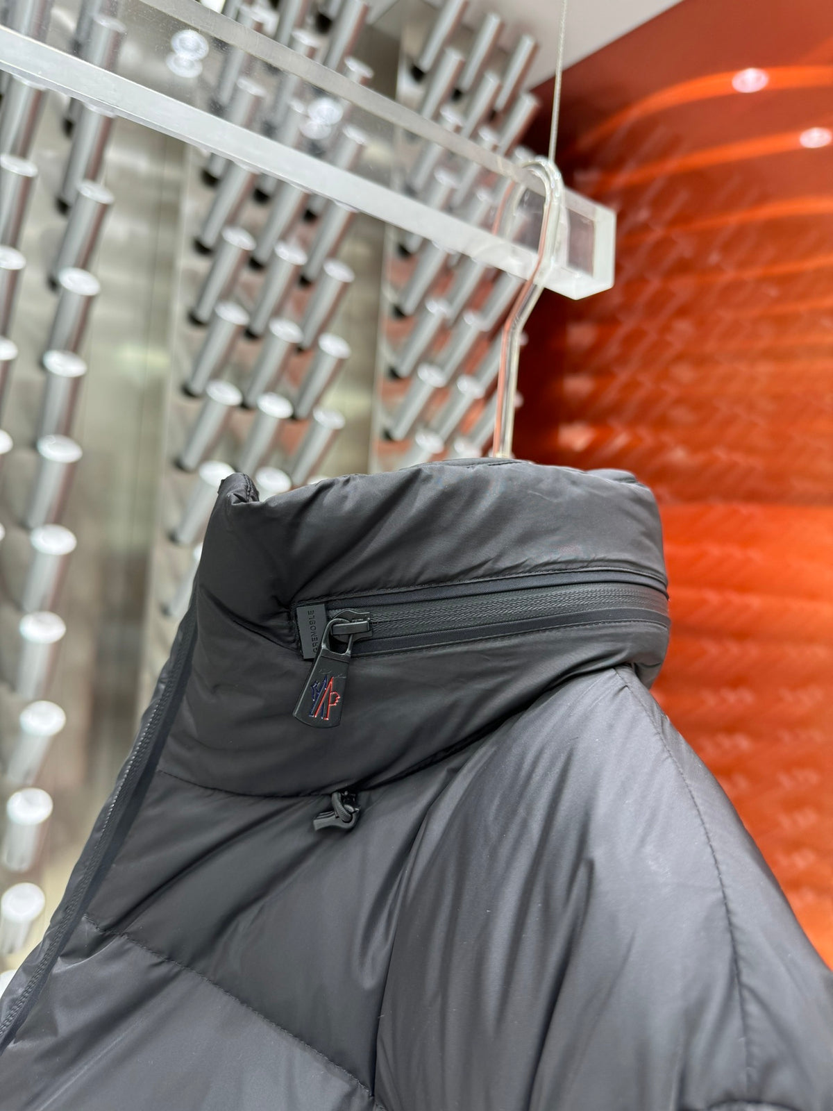 Moncler Grenoble Black Down Jacket Chest Logo Sleeve Print
