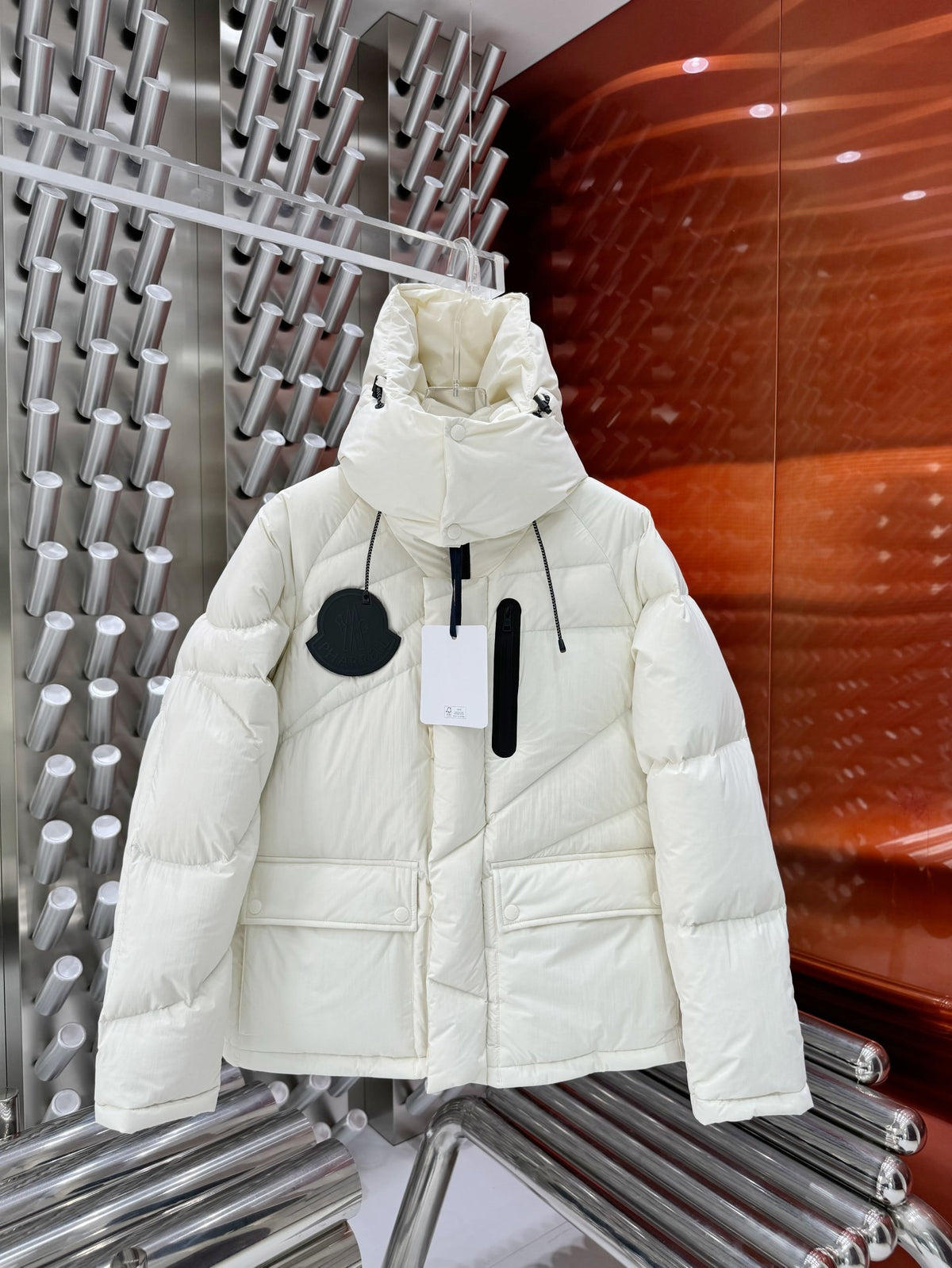 Moncler White Long Hooded Down Parka Black Badge