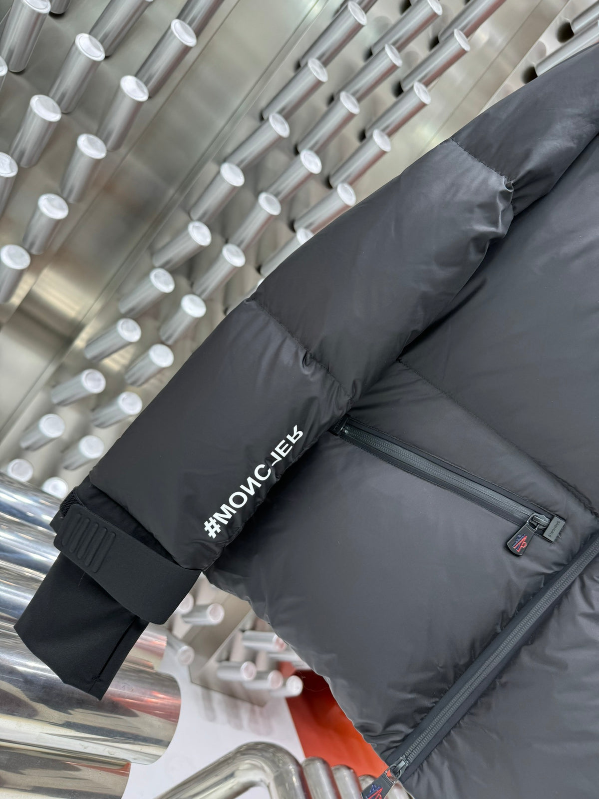 Moncler Grenoble Black Down Jacket Chest Logo Sleeve Print