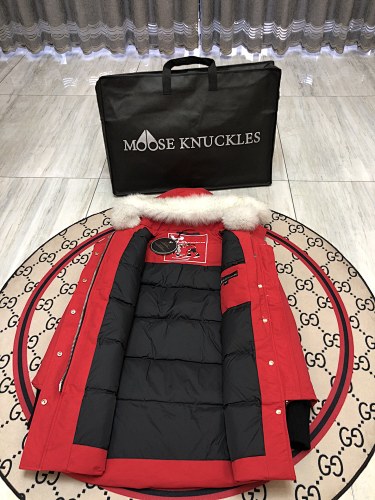Moose Knuckles Red Fur Trim Down Parka