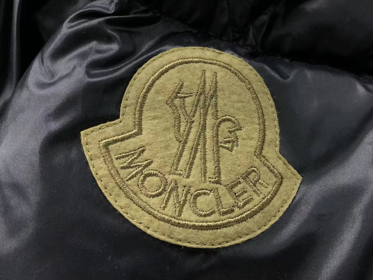 Moncler Black Glossy Down Jacket Oversized Gold Embroidered Badge