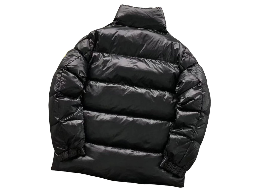 Moncler Black Glossy Down Jacket Oversized Gold Embroidered Badge