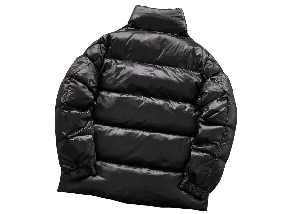 Moncler Black Glossy Down Jacket Oversized Gold Embroidered Badge