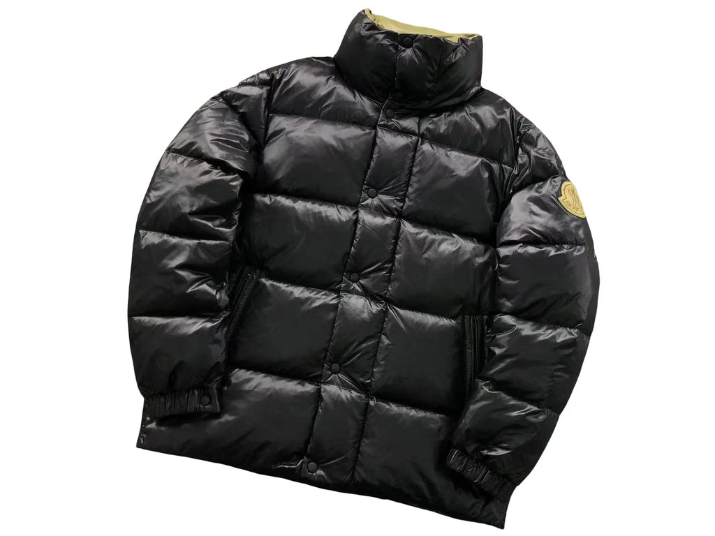 Moncler Black Glossy Down Jacket Oversized Gold Embroidered Badge