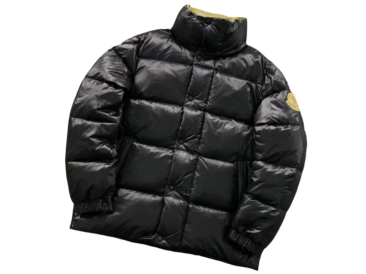 Moncler Black Glossy Down Jacket Oversized Gold Embroidered Badge