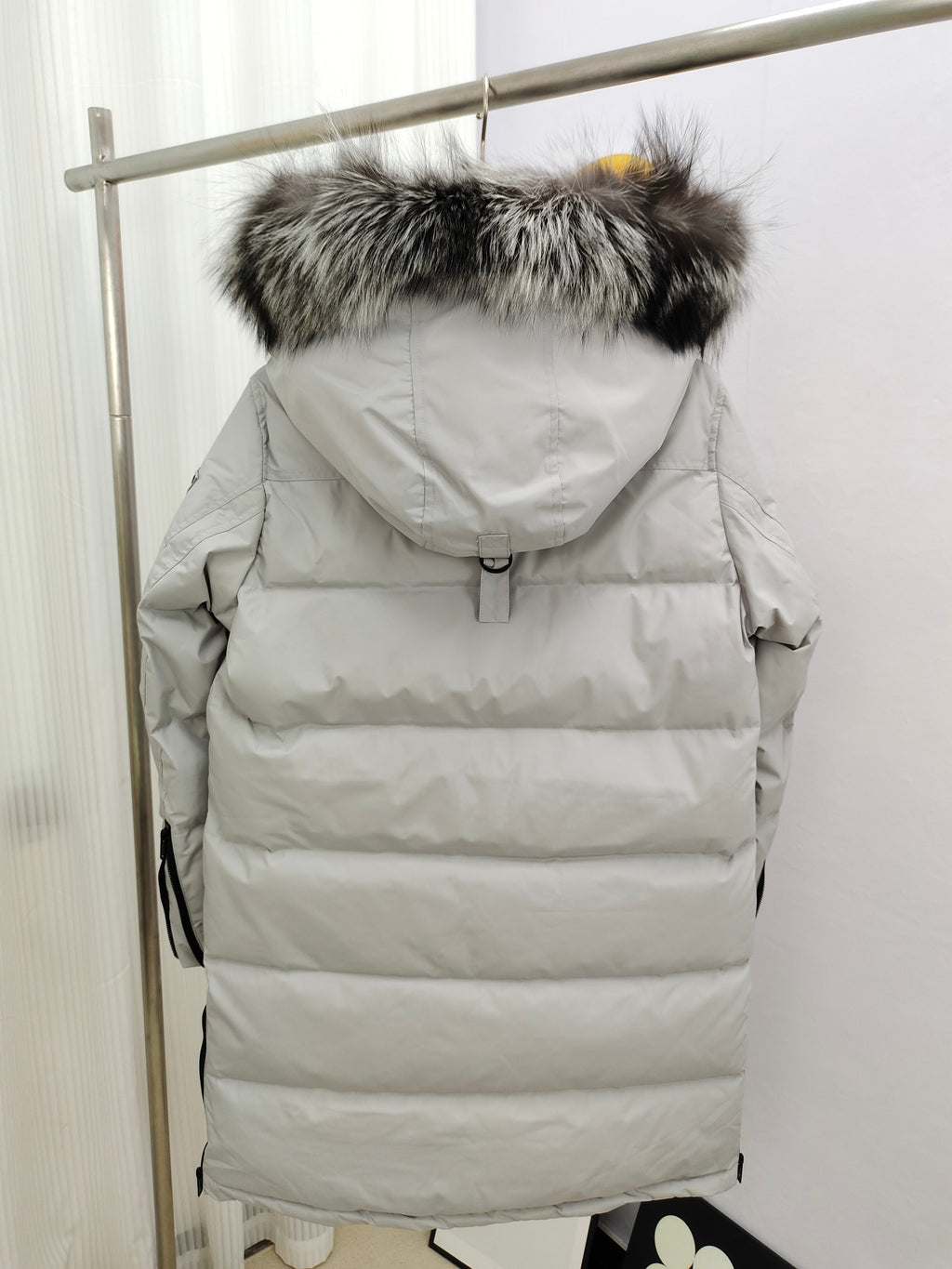 Moose Knuckles Grey Long Parka Dark Fox Fur Hood Black Contrast Trim