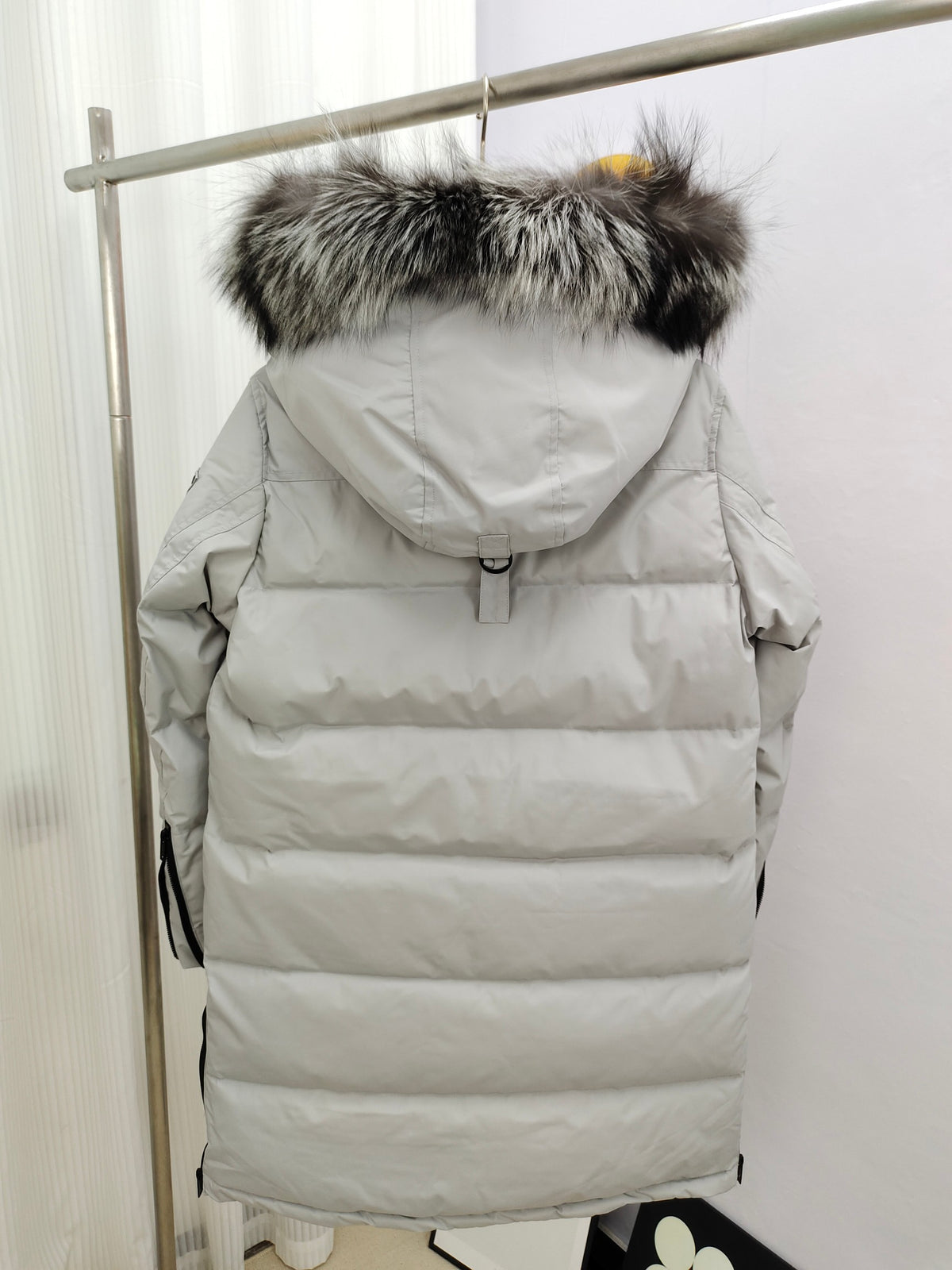 Moose Knuckles Grey Long Parka Dark Fox Fur Hood Black Contrast Trim
