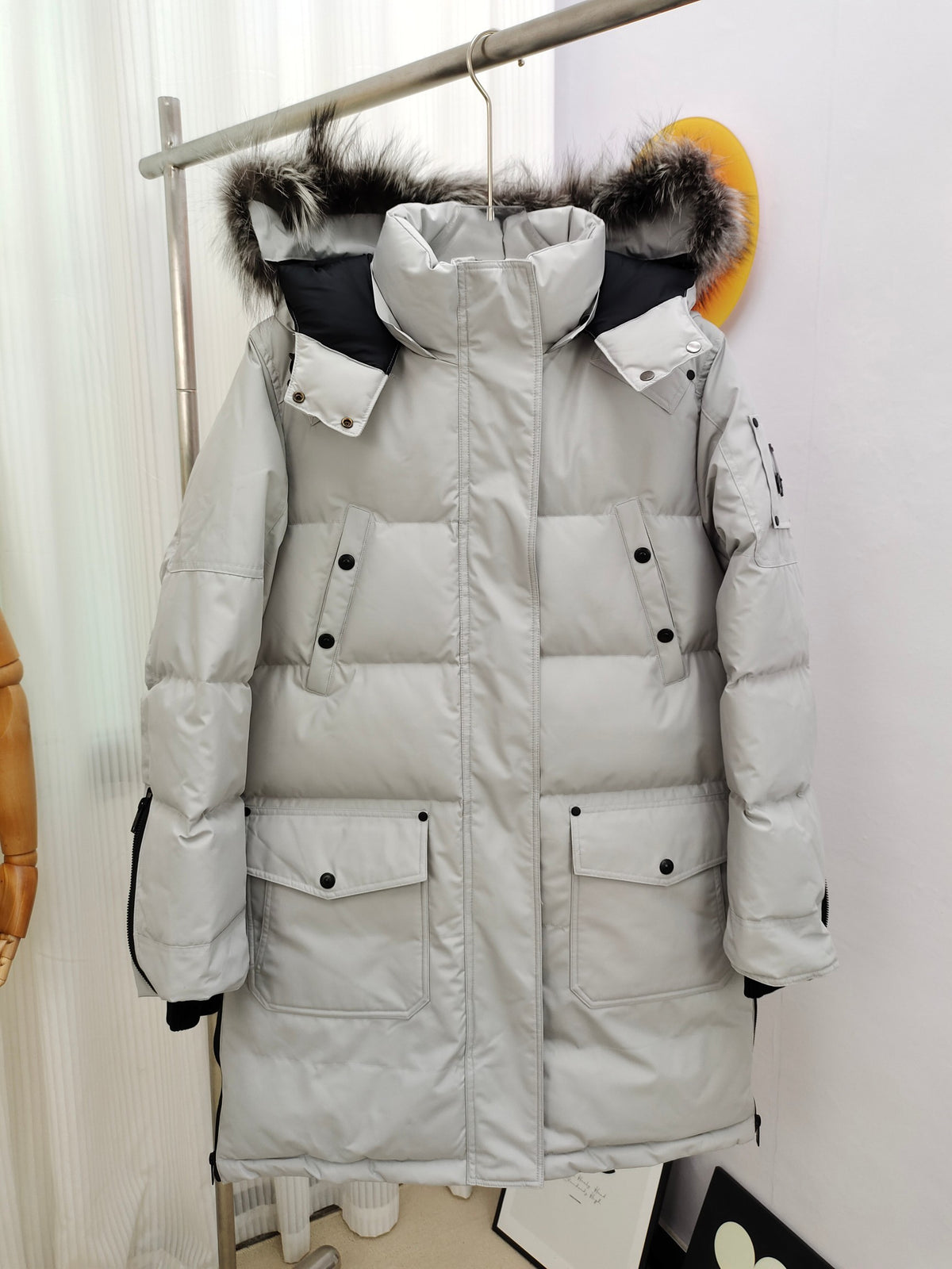 Moose Knuckles Grey Long Parka Dark Fox Fur Hood Black Contrast Trim