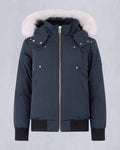 Moose Knuckles Navy Blue Bomber Jacket White Fox Fur Hood Silver Metal Badge