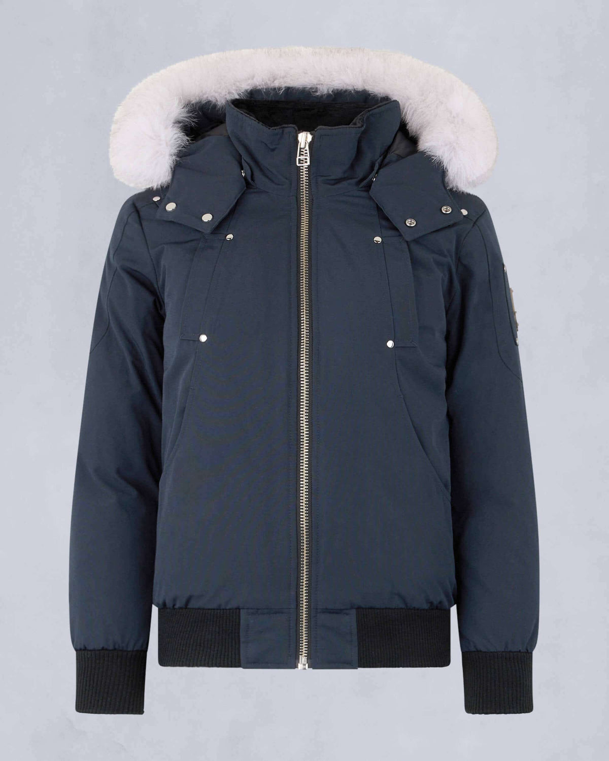 Moose Knuckles Navy Blue Bomber Jacket White Fox Fur Hood Silver Metal Badge