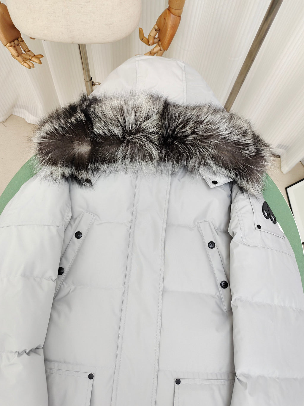 Moose Knuckles Grey Long Parka Dark Fox Fur Hood Black Contrast Trim