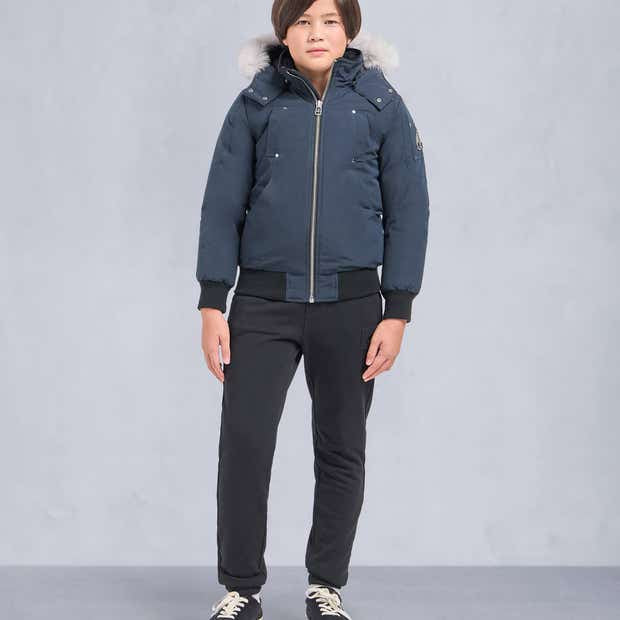 Moose Knuckles Navy Blue Bomber Jacket White Fox Fur Hood Silver Metal Badge