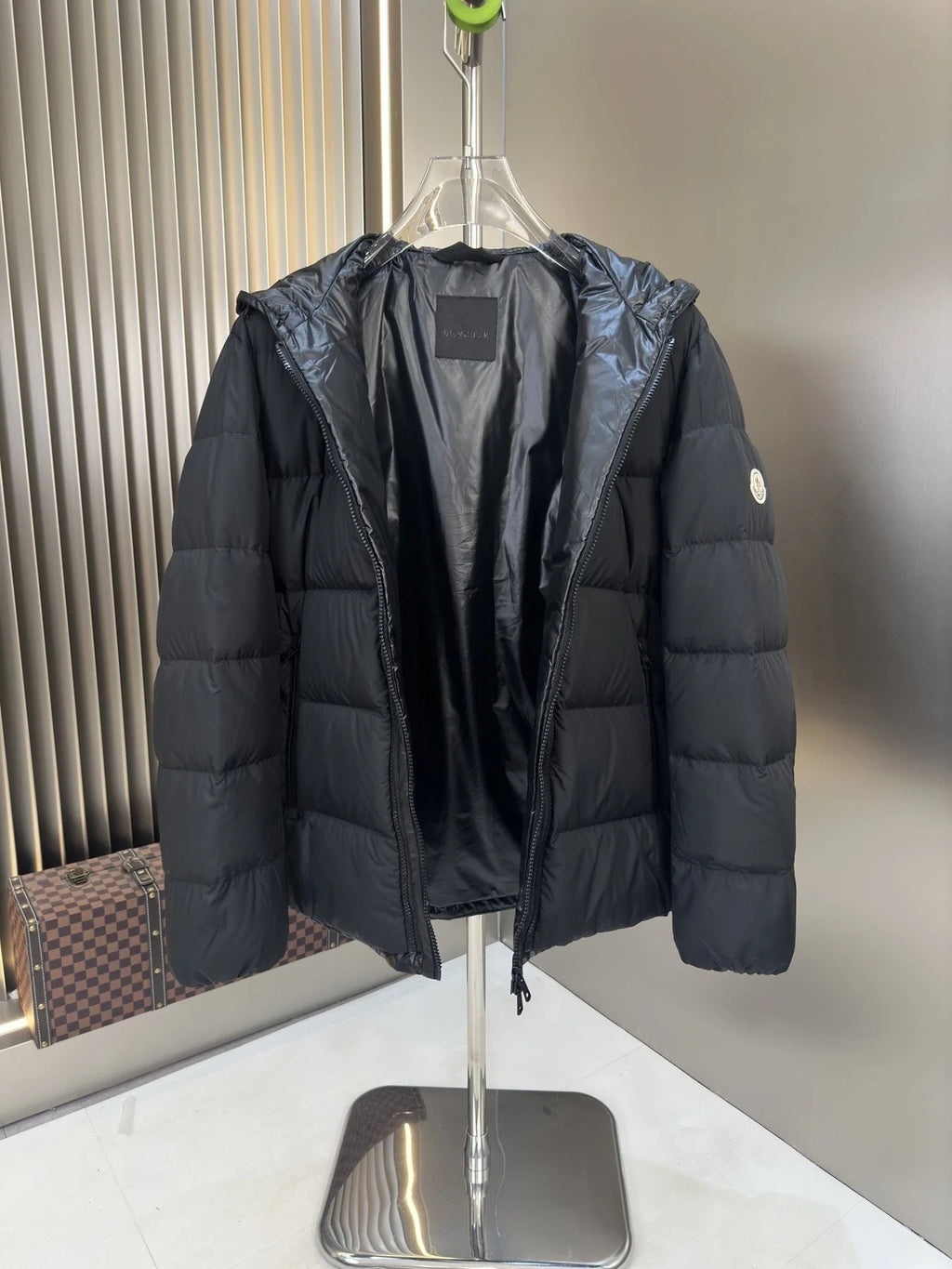 Moncler Black Collarless Down Jacket Minimal Crewneck