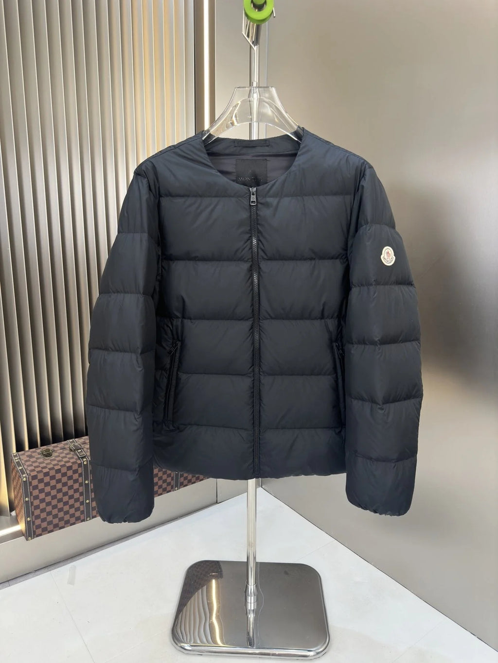 Moncler Black Collarless Down Jacket Minimal Crewneck