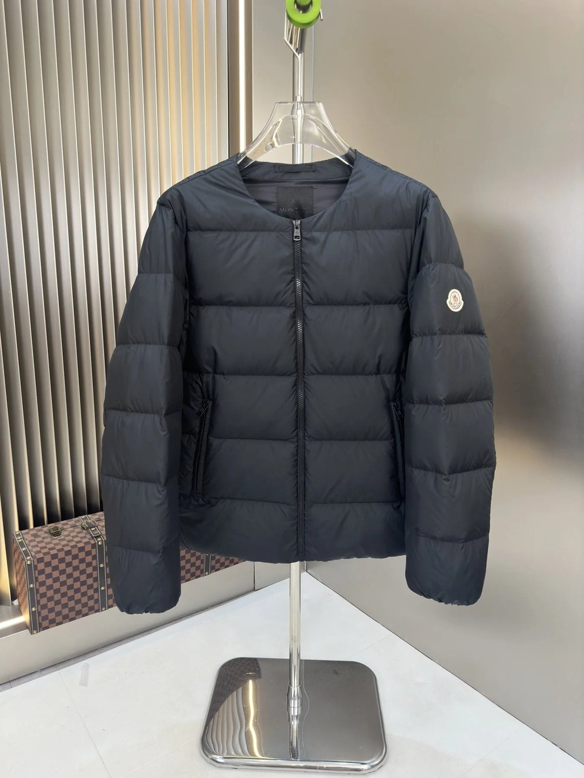Moncler Black Collarless Down Jacket Minimal Crewneck