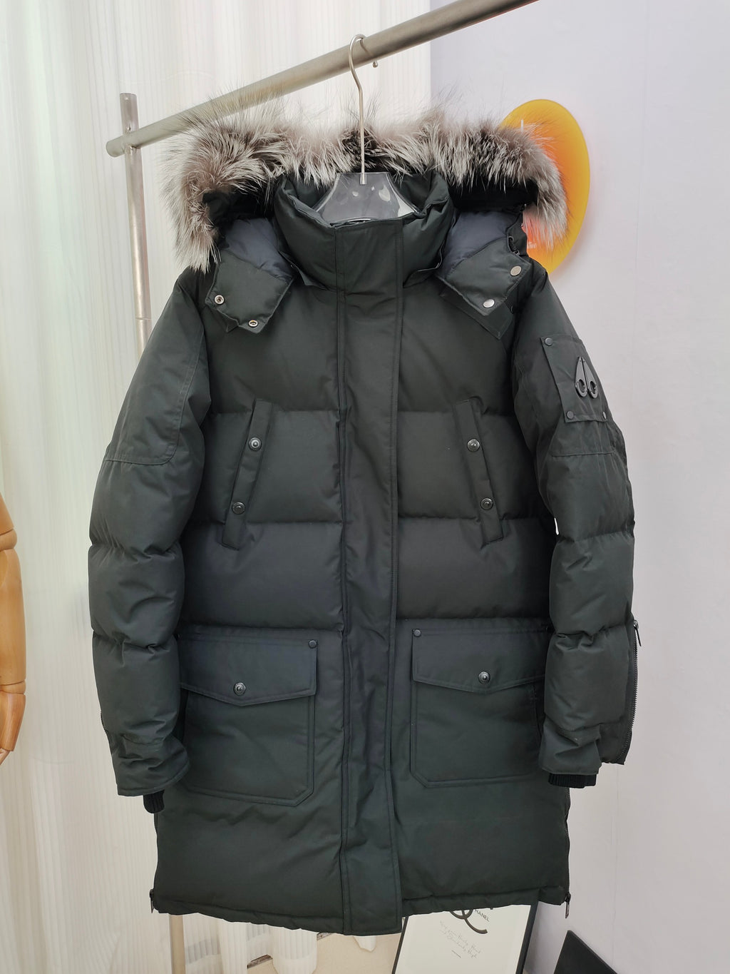 Moose Knuckles Black Long Parka Silver Fox Fur Hood Snap Button