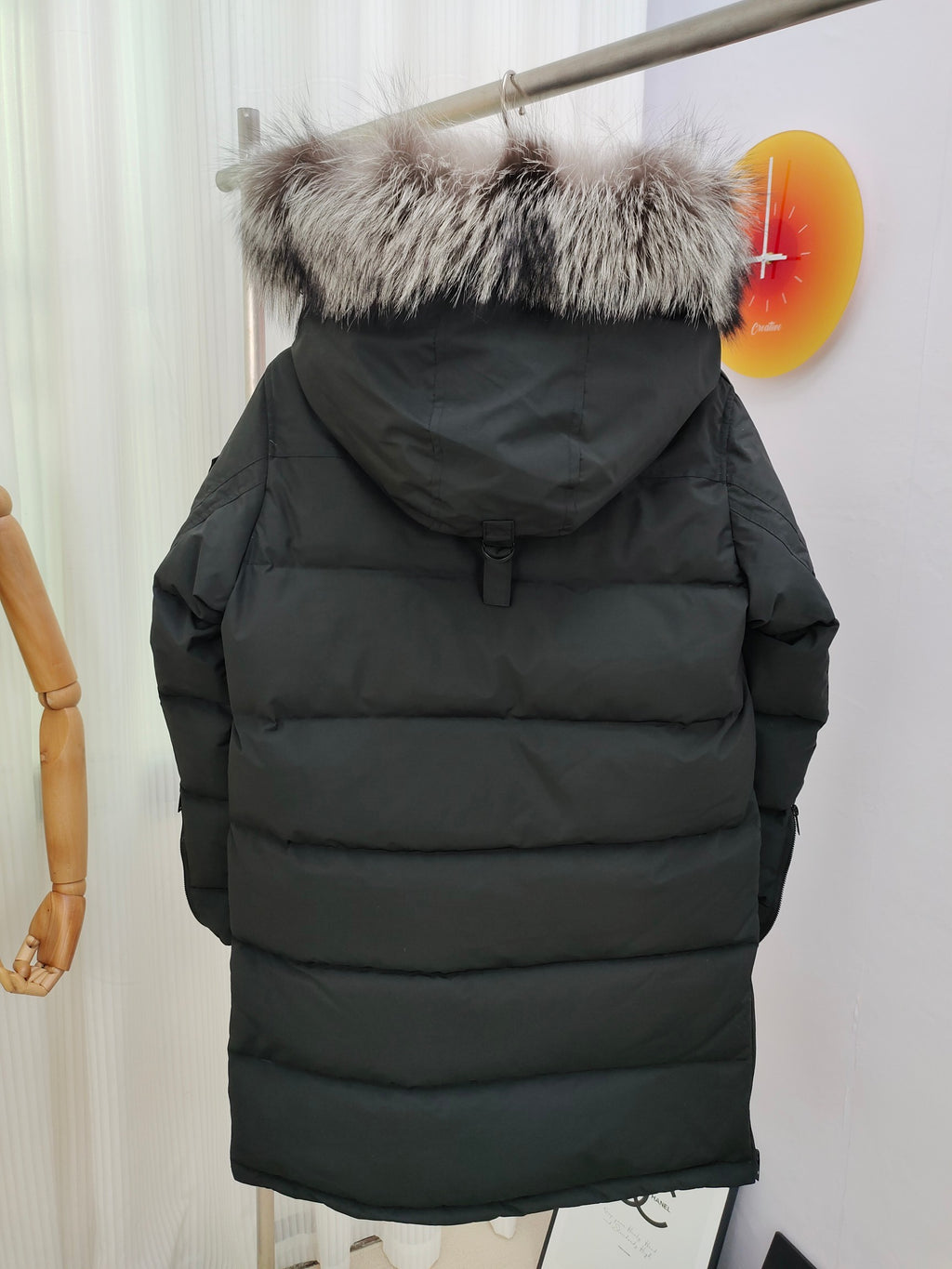 Moose Knuckles Black Long Parka Silver Fox Fur Hood Snap Button